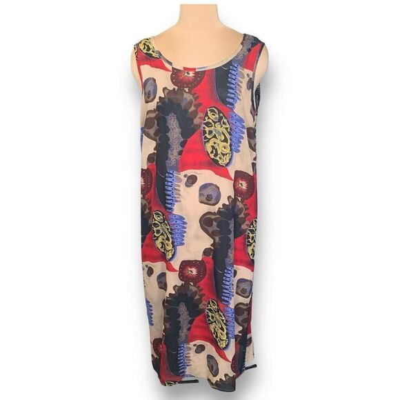 Vintage Dress Maxi Cream Red Brown Printed Abstract Art Sleeveless Scoop Neck - Picture 10 of 10